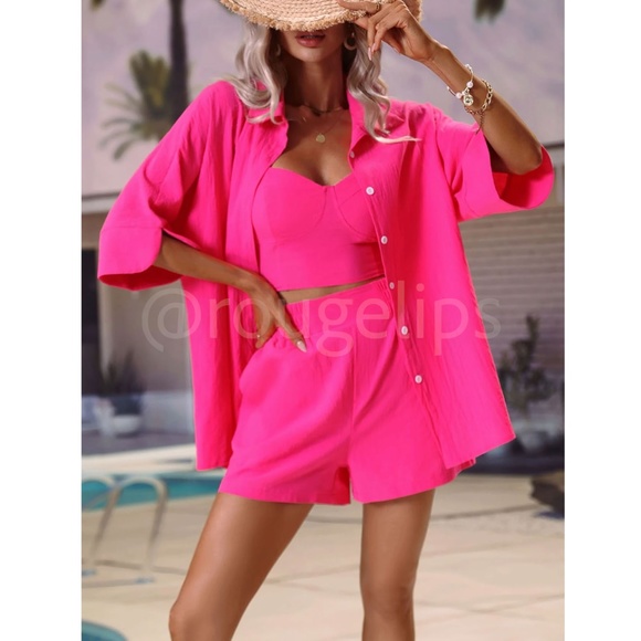 Shorts Set: Cami Crop Top, Button Up Shirt & Shorts in Hot Pink - Picture 2 of 8
